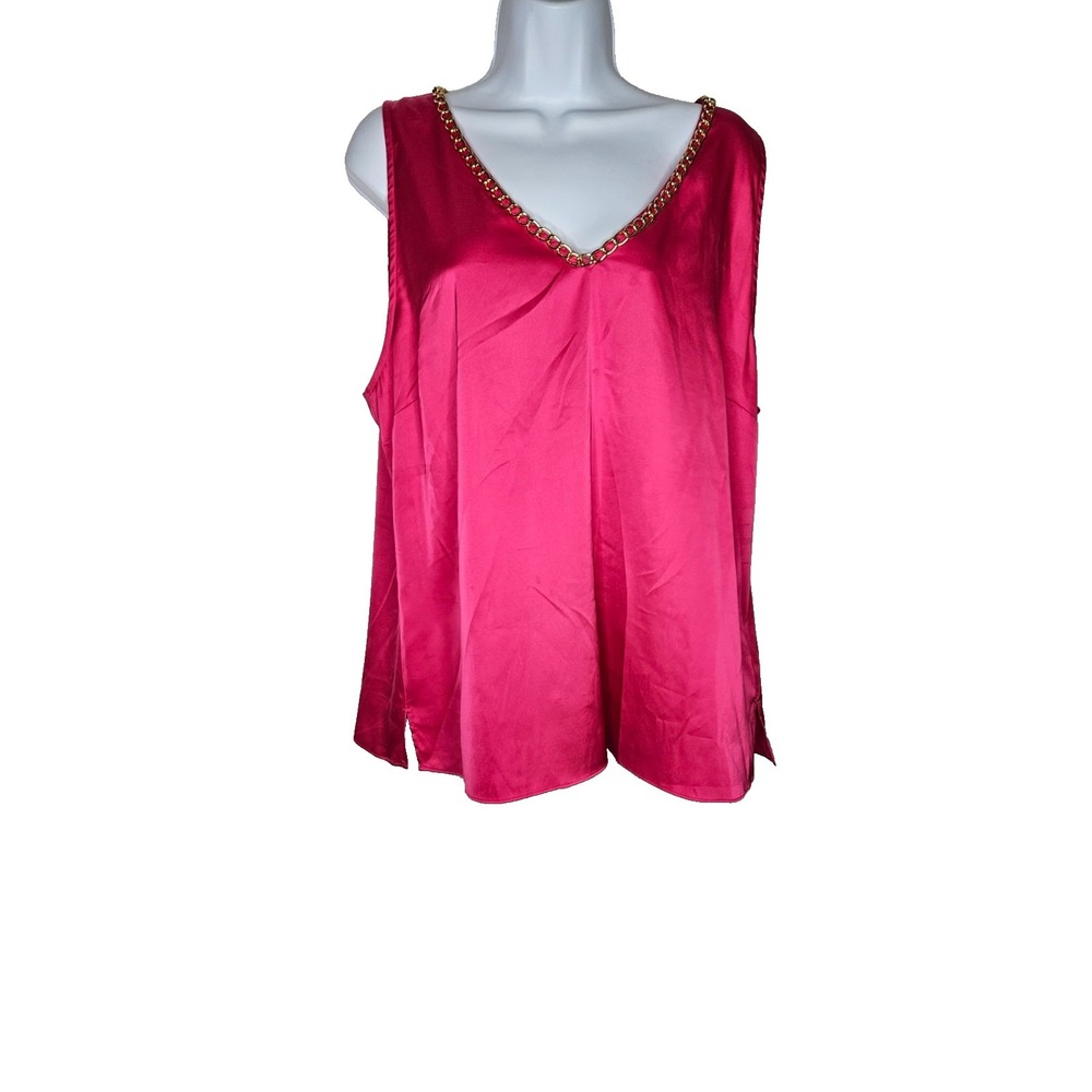 Boston Proper Pink Satin Tank Top XL Gold Chain Neck Sleeveless Blouse